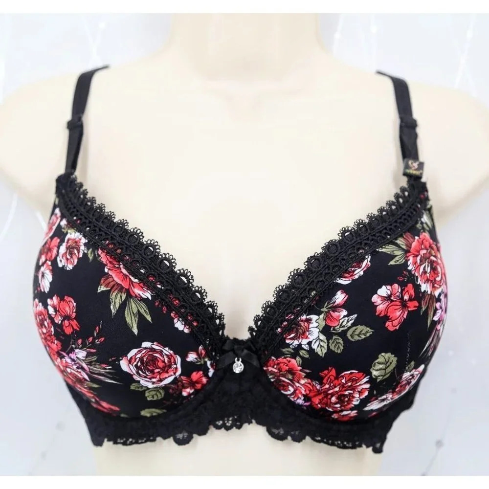 Vs Bombshell Inspired Black Floral Lace   Double Push-Up Bra with Red Rose Print